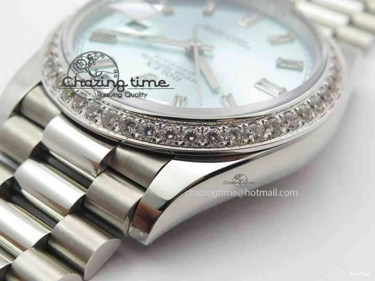 MiroTime 1218 Stylish Day Date 40mm SS BP Maker Best Edition Diamond Bezel Ice Blue Dial On SS Bracelet ETA 3699